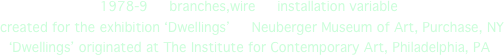                           1978-9     branches,wire     installation variable       
   created for the exhibition ‘Dwellings’     Neuberger Museum of Art, Purchase, NY
     ‘Dwellings’ originated at The Institute for Contemporary Art, Philadelphia, PA